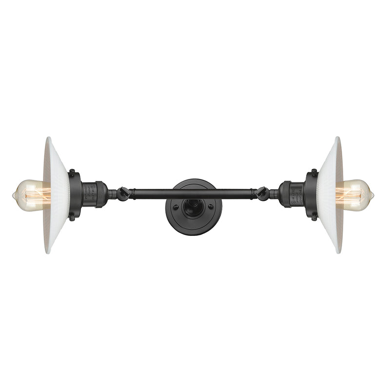 Halophane Bath Vanity Light shown in the Oil Rubbed Bronze finish with a Matte White Halophane shade