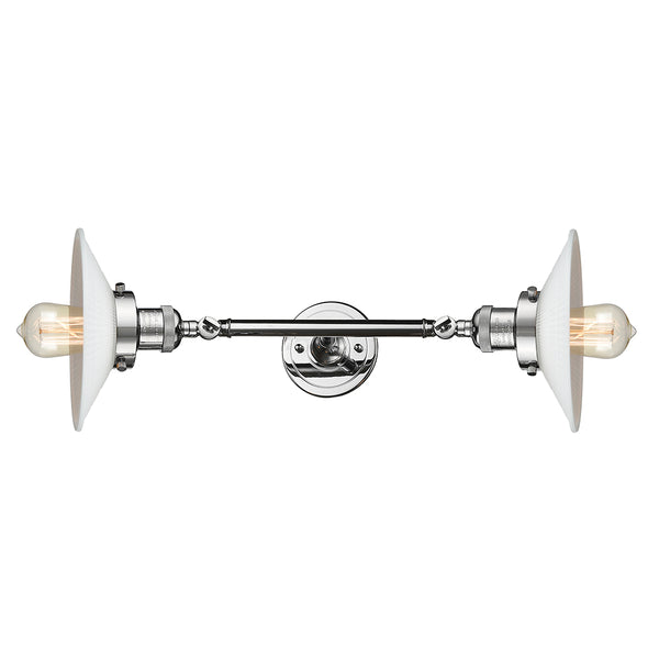 Halophane Bath Vanity Light shown in the Polished Chrome finish with a Matte White Halophane shade