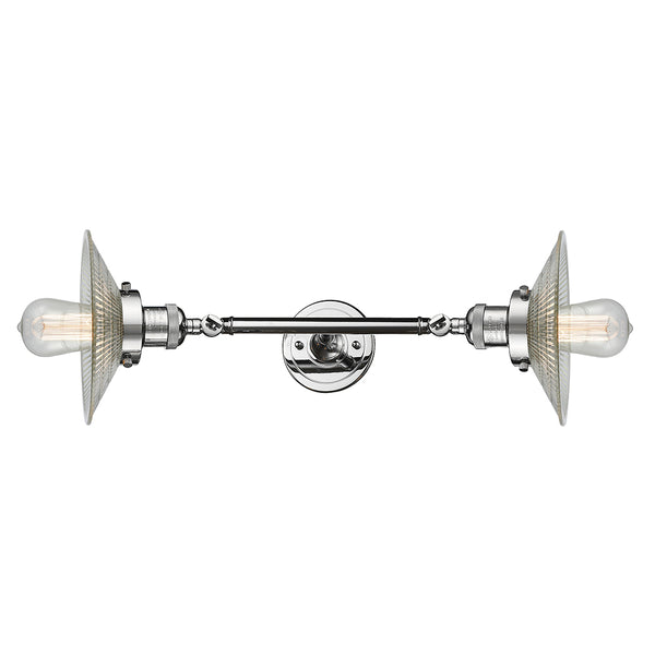 Halophane Bath Vanity Light shown in the Polished Chrome finish with a Clear Halophane shade