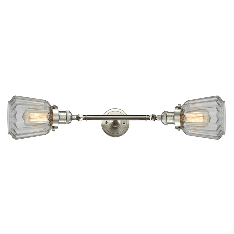 Chatham Bath Vanity Light shown in the Brushed Satin Nickel finish with a Clear shade