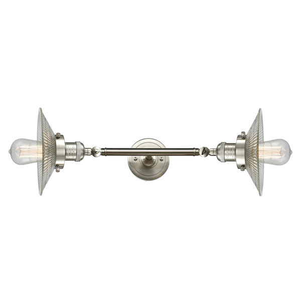 Halophane Bath Vanity Light shown in the Brushed Satin Nickel finish with a Clear Halophane shade