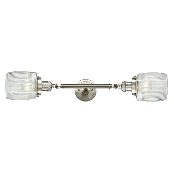 Colton Bath Vanity Light shown in the Brushed Satin Nickel finish with a Clear Halophane shade