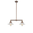 Halophane Island Light shown in the Antique Copper finish with a Matte White Halophane shade