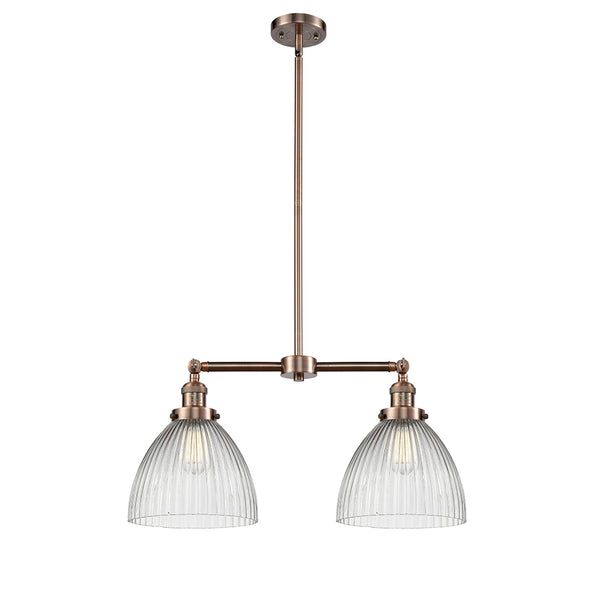 Seneca Falls Island Light shown in the Antique Copper finish with a Clear Halophane shade