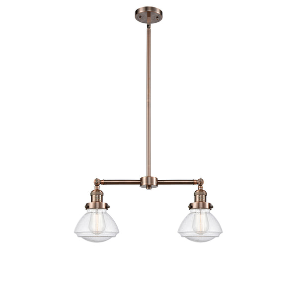 Olean Island Light shown in the Antique Copper finish with a Seedy shade