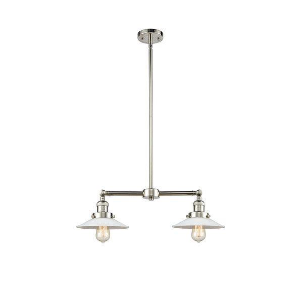 Halophane Island Light shown in the Polished Nickel finish with a Matte White Halophane shade