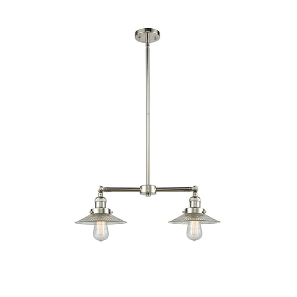 Halophane Island Light shown in the Polished Nickel finish with a Clear Halophane shade