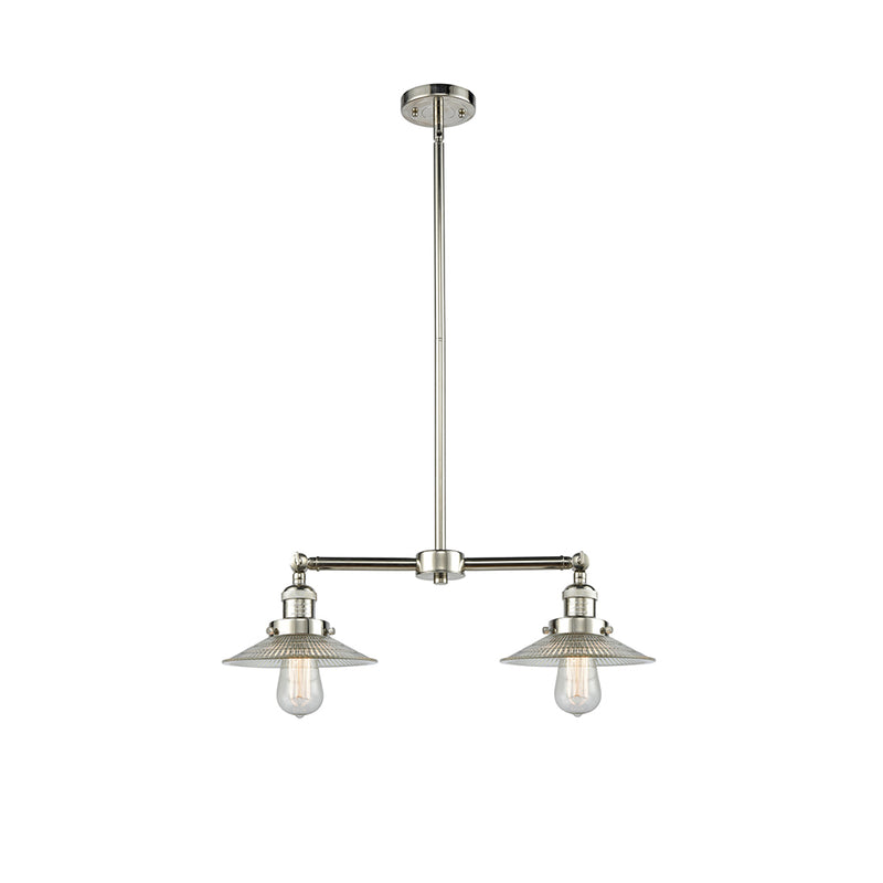 Halophane Island Light shown in the Polished Nickel finish with a Clear Halophane shade