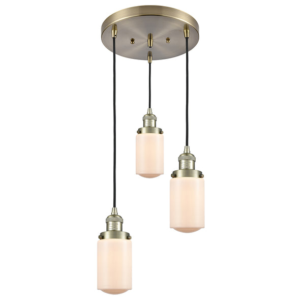 Dover Multi-Pendant shown in the Antique Brass finish with a Matte White shade