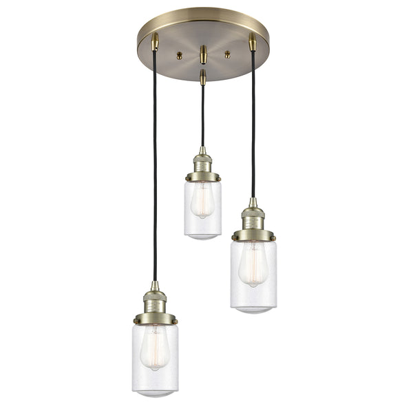 Dover Multi-Pendant shown in the Antique Brass finish with a Seedy shade