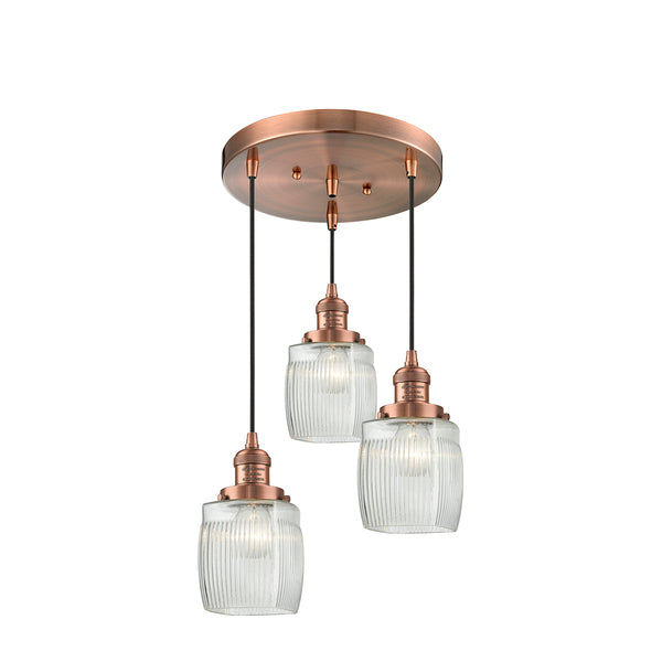 Colton Multi-Pendant shown in the Antique Copper finish with a Clear Halophane shade