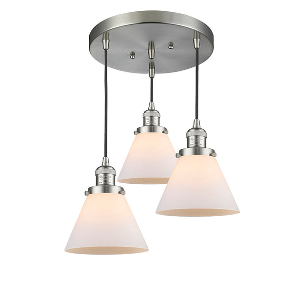 Cone Multi-Pendant shown in the Brushed Satin Nickel finish with a Matte White shade