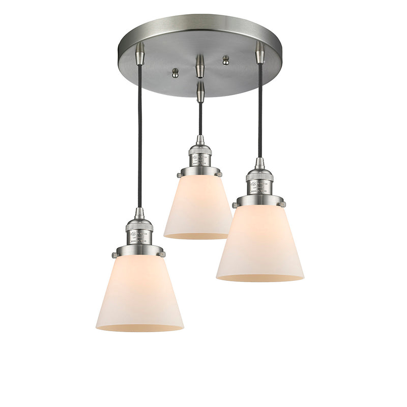 Cone Multi-Pendant shown in the Brushed Satin Nickel finish with a Matte White shade