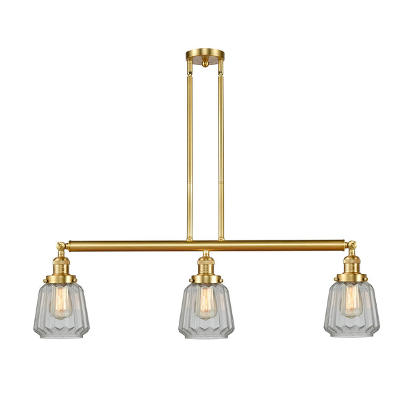 Chatham Island Light shown in the Satin Gold finish with a Clear shade