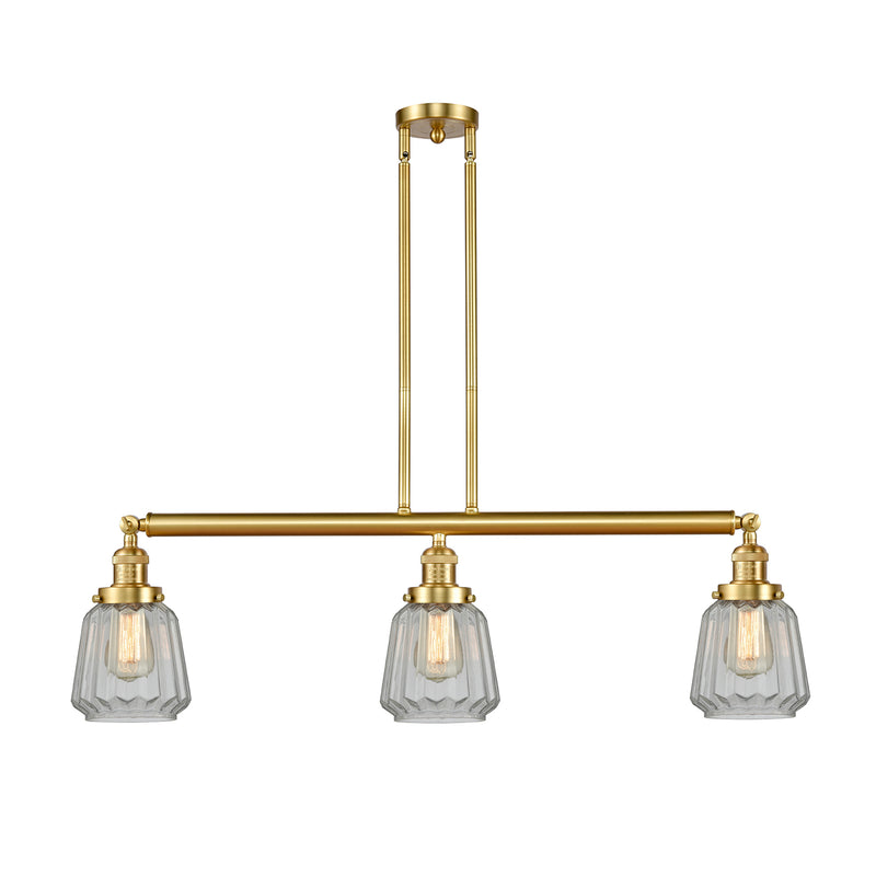 Chatham Island Light shown in the Satin Gold finish with a Clear shade