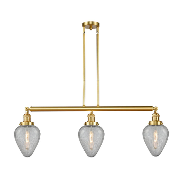 Geneseo Island Light shown in the Satin Gold finish with a Clear Crackled shade