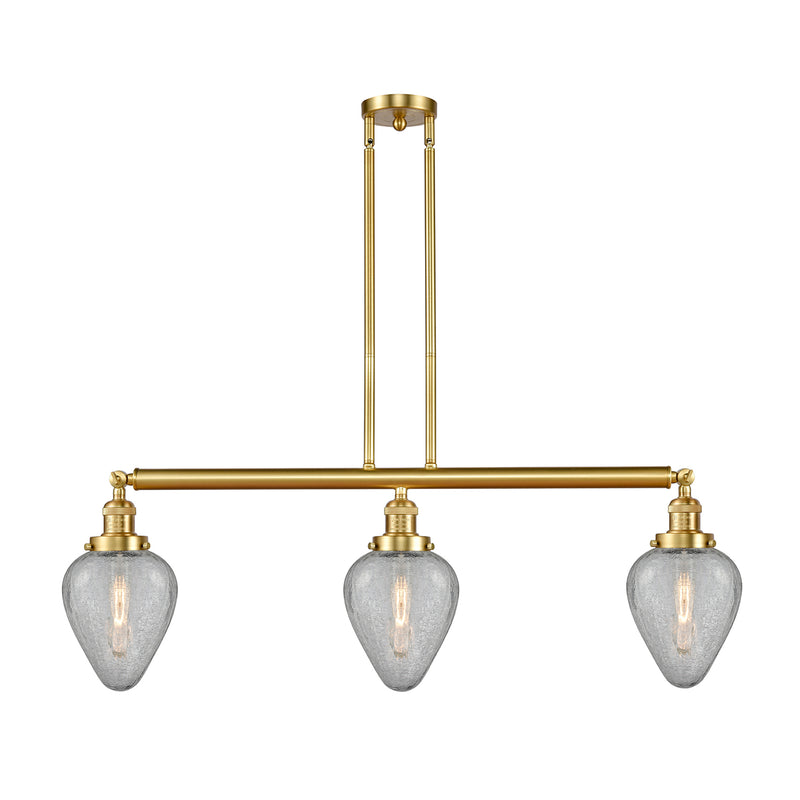 Geneseo Island Light shown in the Satin Gold finish with a Clear Crackled shade