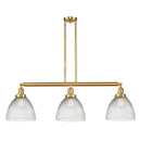 Seneca Falls Island Light shown in the Satin Gold finish with a Clear Halophane shade