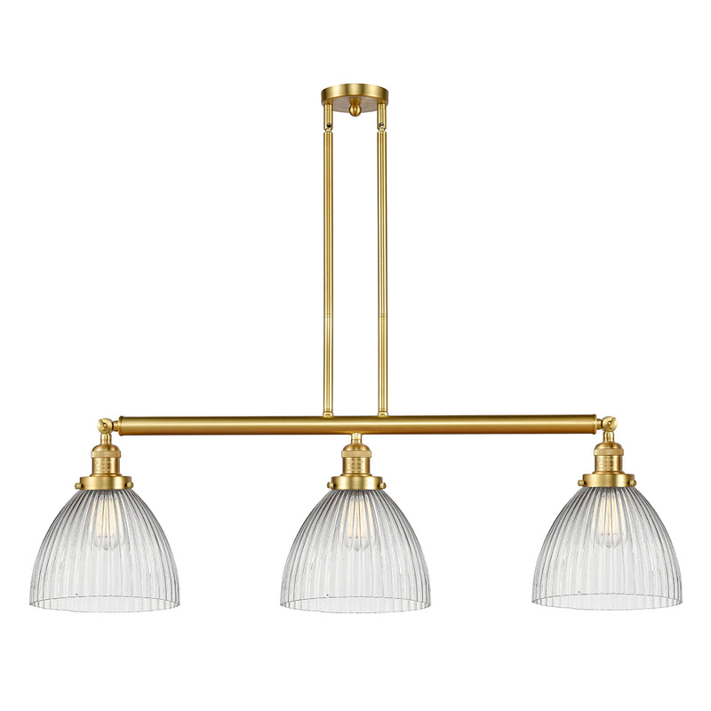 Seneca Falls Island Light shown in the Satin Gold finish with a Clear Halophane shade