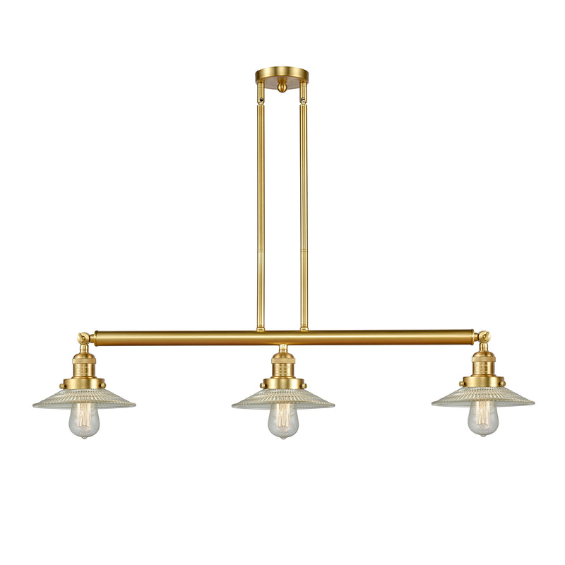 Halophane Island Light shown in the Satin Gold finish with a Clear Halophane shade