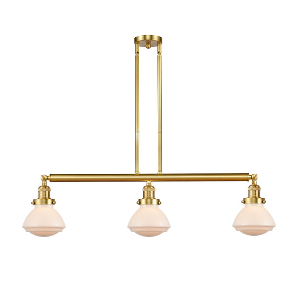 Olean Island Light shown in the Satin Gold finish with a Matte White shade