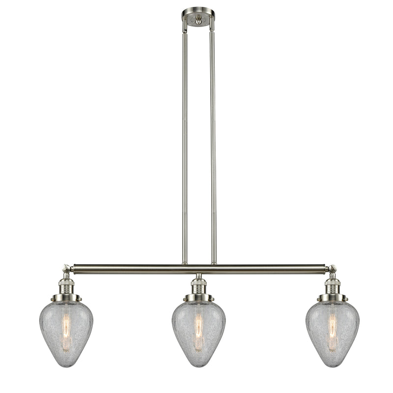 Geneseo Island Light shown in the Brushed Satin Nickel finish with a Clear Crackled shade