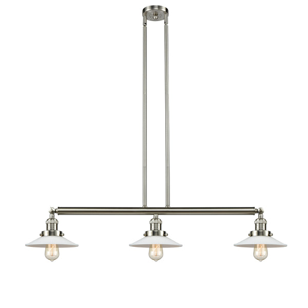 Halophane Island Light shown in the Brushed Satin Nickel finish with a Matte White Halophane shade