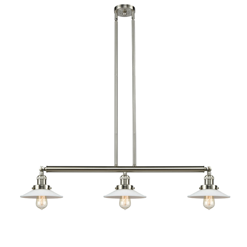 Halophane Island Light shown in the Brushed Satin Nickel finish with a Matte White Halophane shade