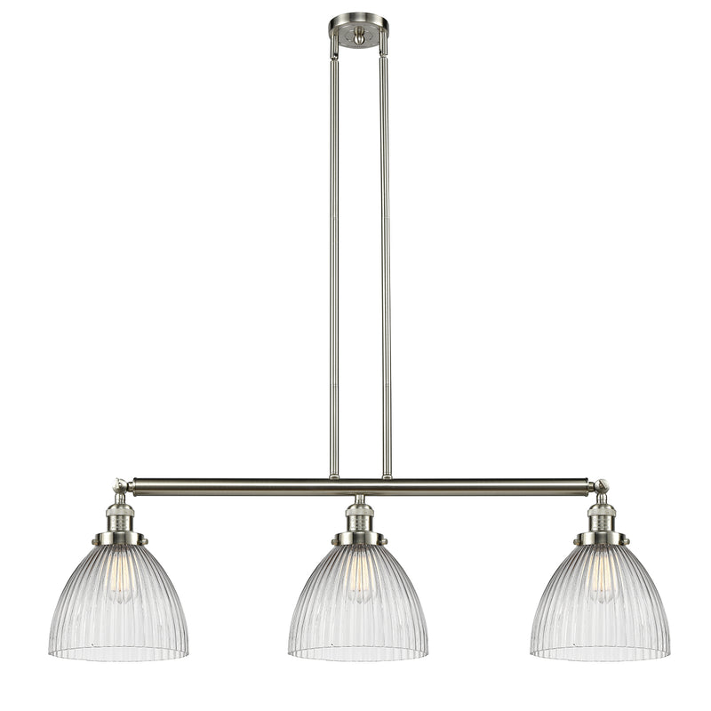 Seneca Falls Island Light shown in the Brushed Satin Nickel finish with a Clear Halophane shade