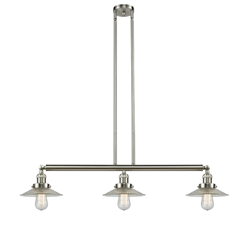 Halophane Island Light shown in the Brushed Satin Nickel finish with a Clear Halophane shade