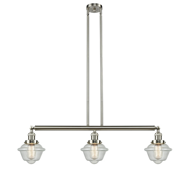 Oxford Island Light shown in the Brushed Satin Nickel finish with a Seedy shade