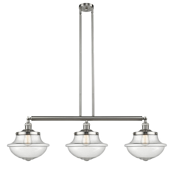 Oxford Island Light shown in the Brushed Satin Nickel finish with a Seedy shade