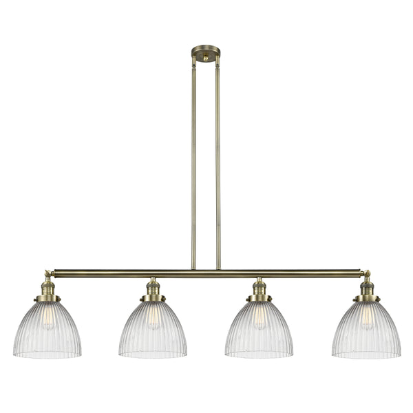 Seneca Falls Island Light shown in the Antique Brass finish with a Clear Halophane shade