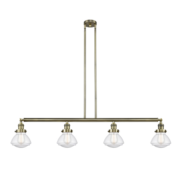 Olean Island Light shown in the Antique Brass finish with a Seedy shade