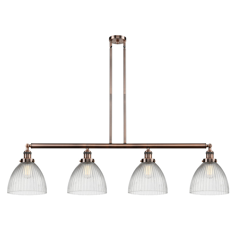 Seneca Falls Island Light shown in the Antique Copper finish with a Clear Halophane shade