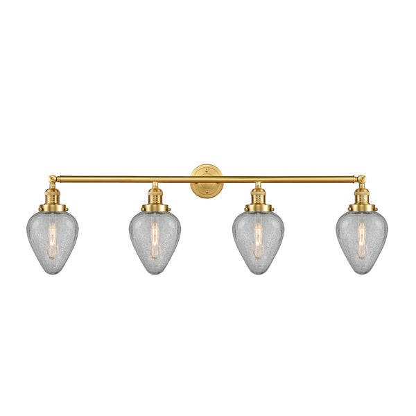 Geneseo Bath Vanity Light shown in the Satin Gold finish with a Clear Crackled shade