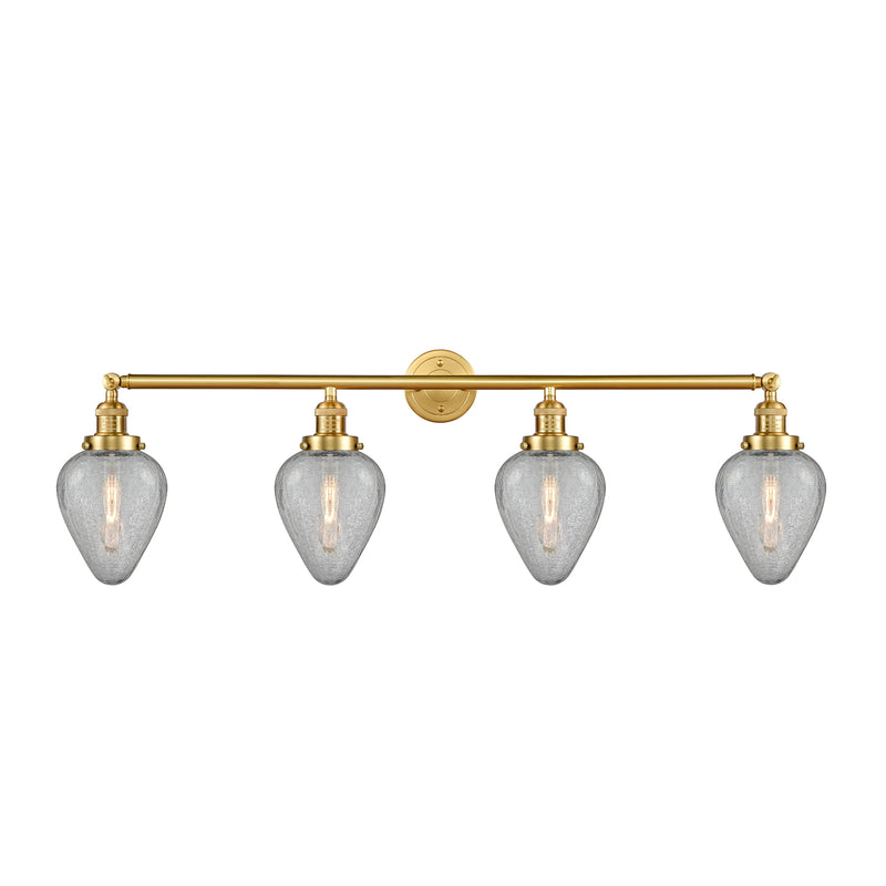 Geneseo Bath Vanity Light shown in the Satin Gold finish with a Clear Crackled shade