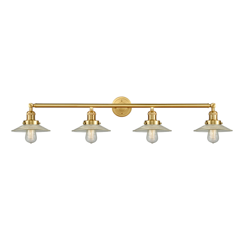 Halophane Bath Vanity Light shown in the Satin Gold finish with a Clear Halophane shade