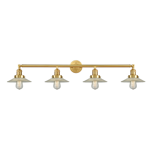 Halophane Bath Vanity Light shown in the Satin Gold finish with a Clear Halophane shade