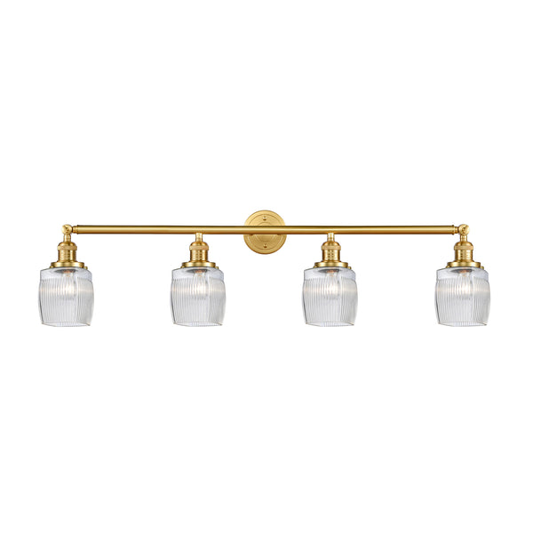 Colton Bath Vanity Light shown in the Satin Gold finish with a Clear Halophane shade