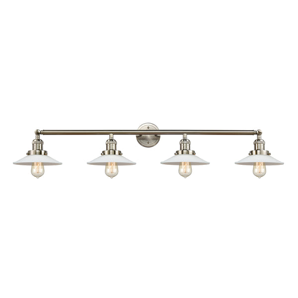 Halophane Bath Vanity Light shown in the Brushed Satin Nickel finish with a Matte White Halophane shade