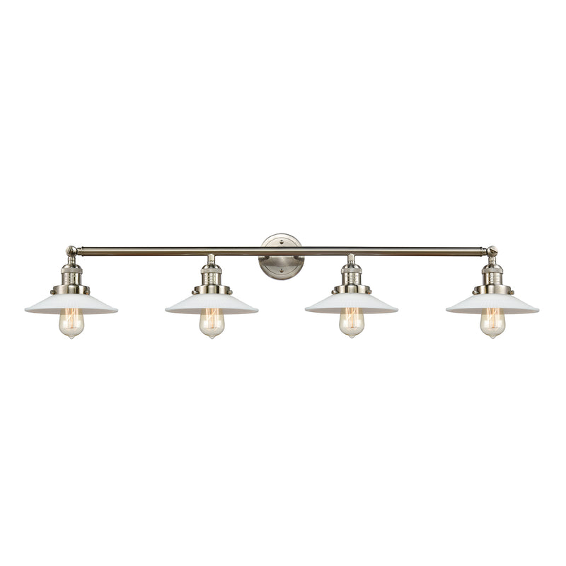 Halophane Bath Vanity Light shown in the Brushed Satin Nickel finish with a Matte White Halophane shade