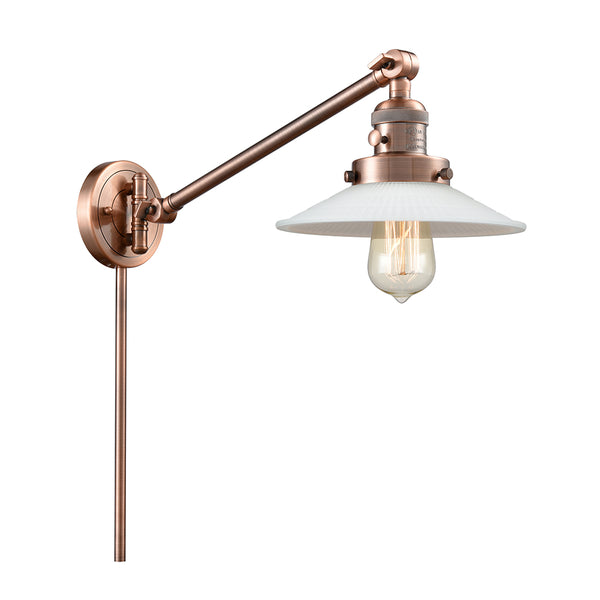 Halophane Swing Arm shown in the Antique Copper finish with a Matte White Halophane shade