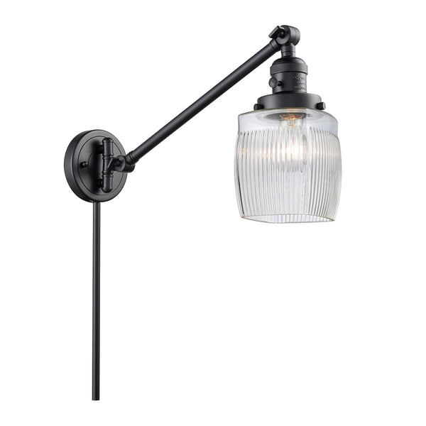 Colton Swing Arm shown in the Matte Black finish with a Clear Halophane shade