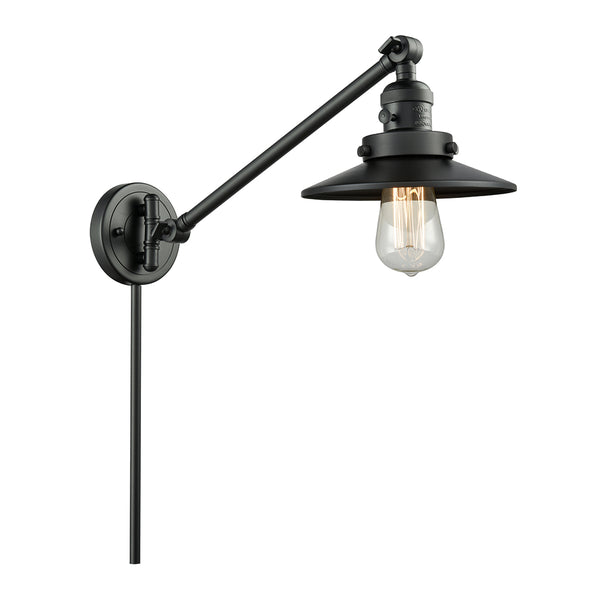 Railroad Swing Arm shown in the Matte Black finish with a Matte Black shade