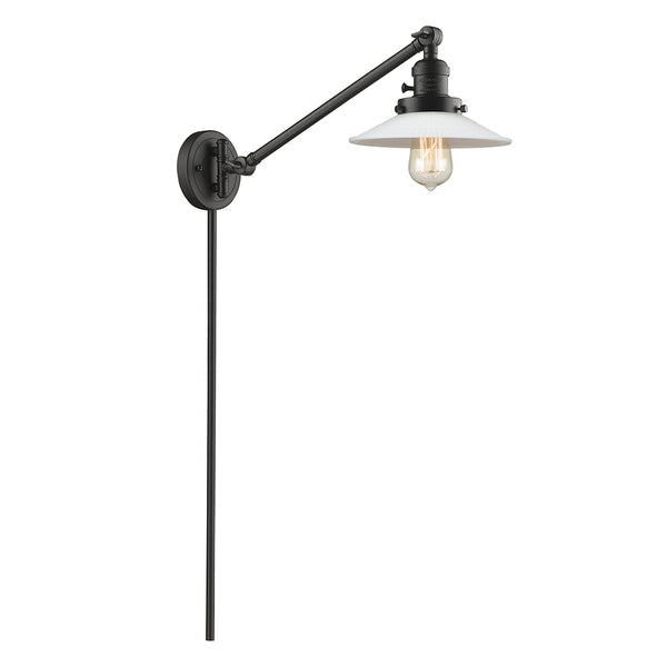 Halophane Swing Arm shown in the Oil Rubbed Bronze finish with a Matte White Halophane shade