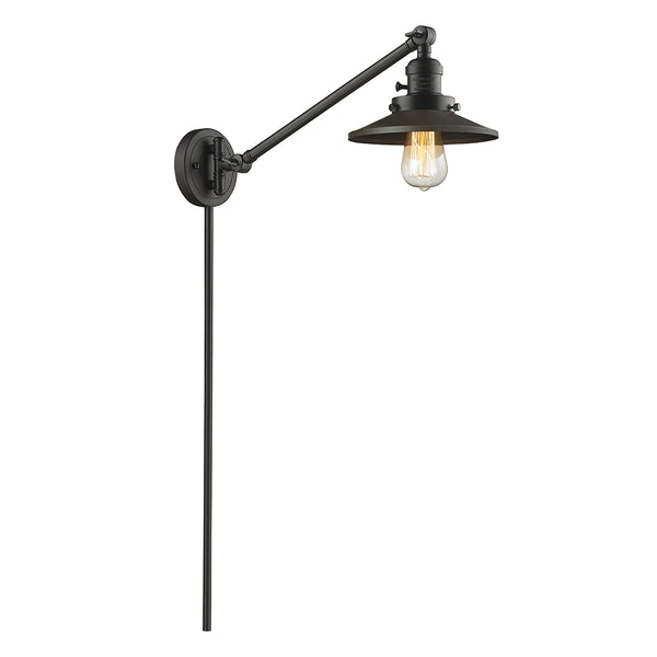 Railroad Swing Arm shown in the Oil Rubbed Bronze finish with a Oil Rubbed Bronze shade