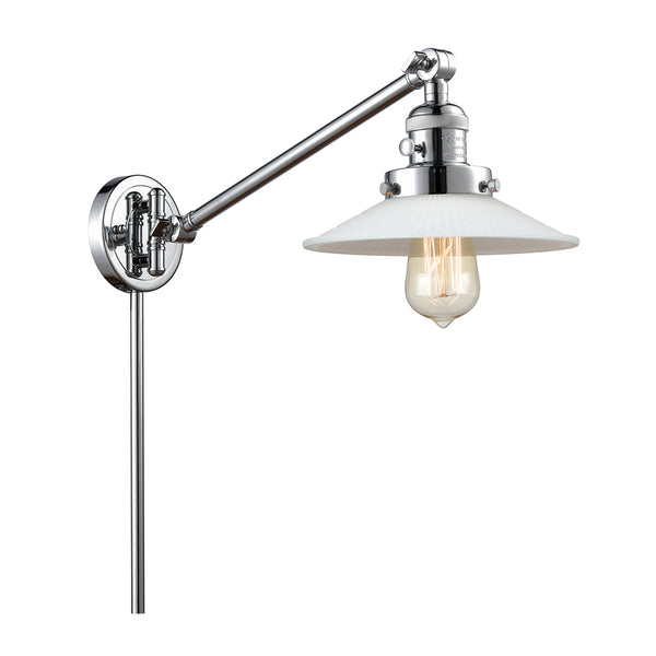 Halophane Swing Arm shown in the Polished Chrome finish with a Matte White Halophane shade