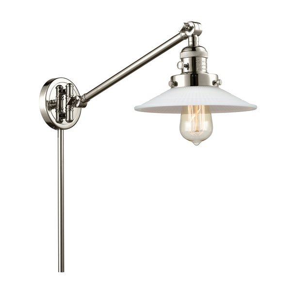 Halophane Swing Arm shown in the Polished Nickel finish with a Matte White Halophane shade
