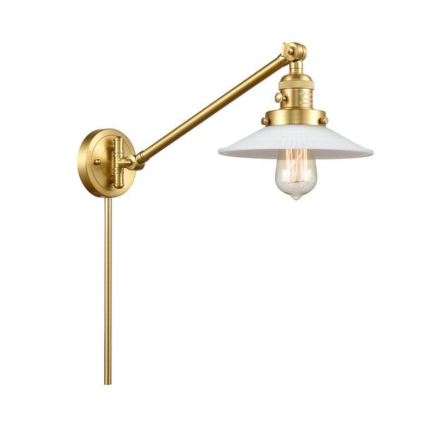 Halophane Swing Arm shown in the Satin Gold finish with a Matte White Halophane shade